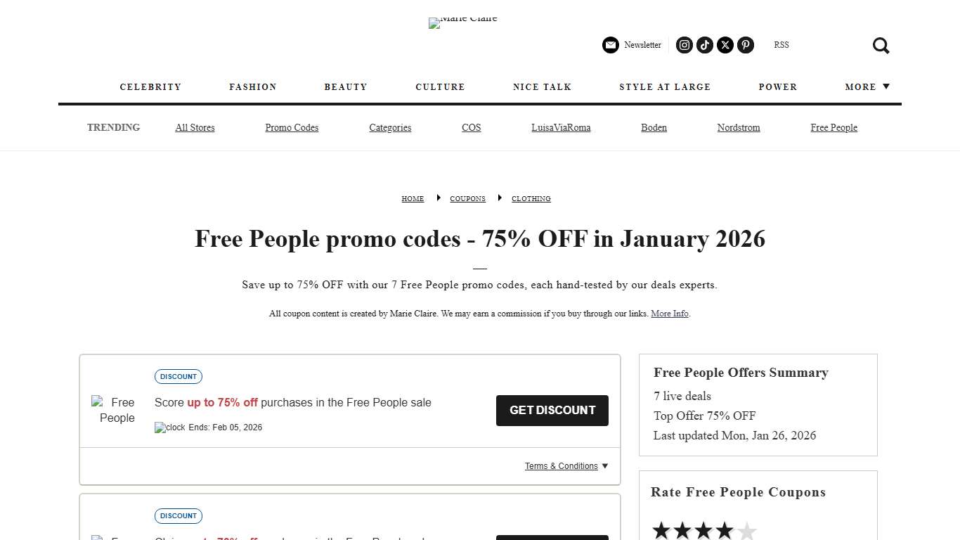 Free People promo codes 75% OFF in January 2026
